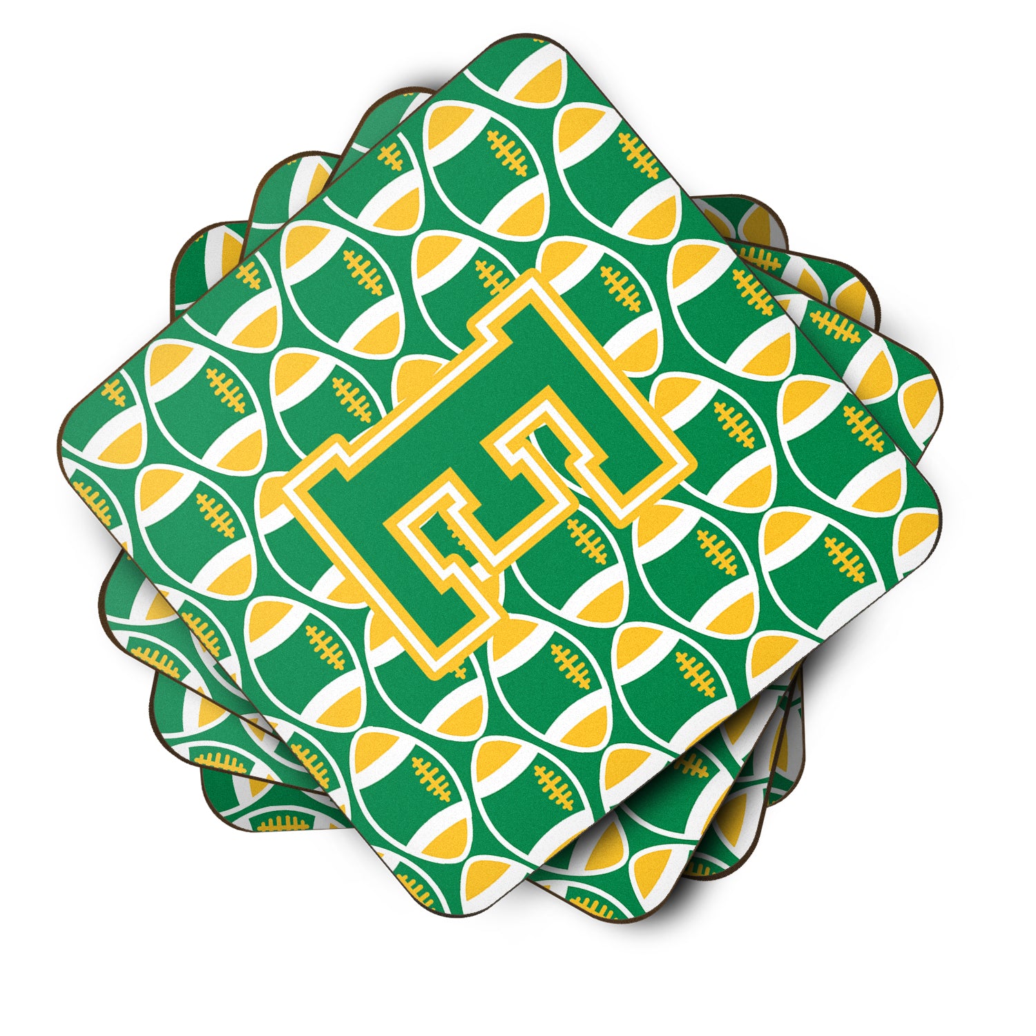 Letter E Football Green and Gold Foam Coaster Set of 4 CJ1069-EFC - the-store.com