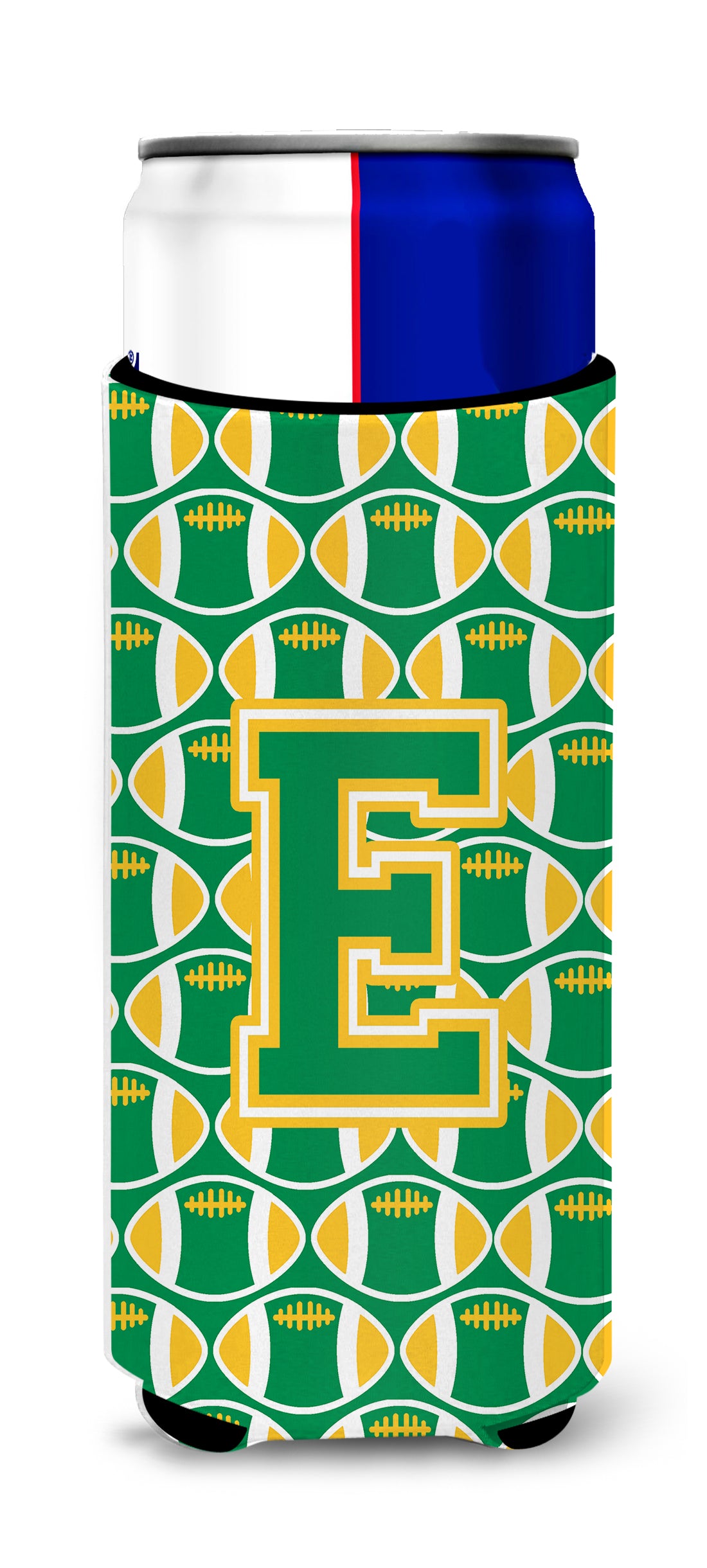 Letter E Football Green and Gold Ultra Beverage Insulators for slim cans CJ1069-EMUK.