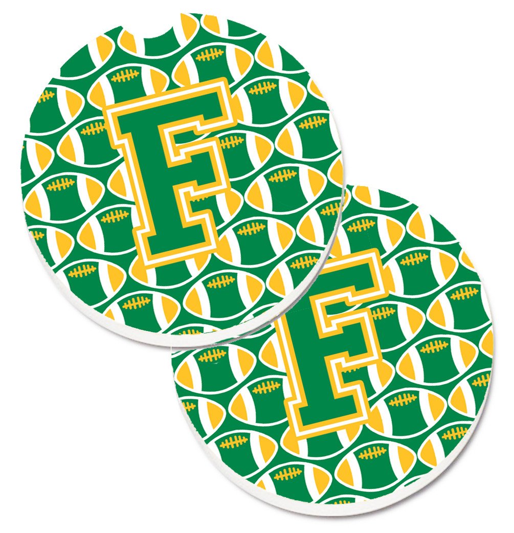 Letter F Football Green and Gold Set of 2 Cup Holder Car Coasters CJ1069-FCARC by Caroline&#39;s Treasures