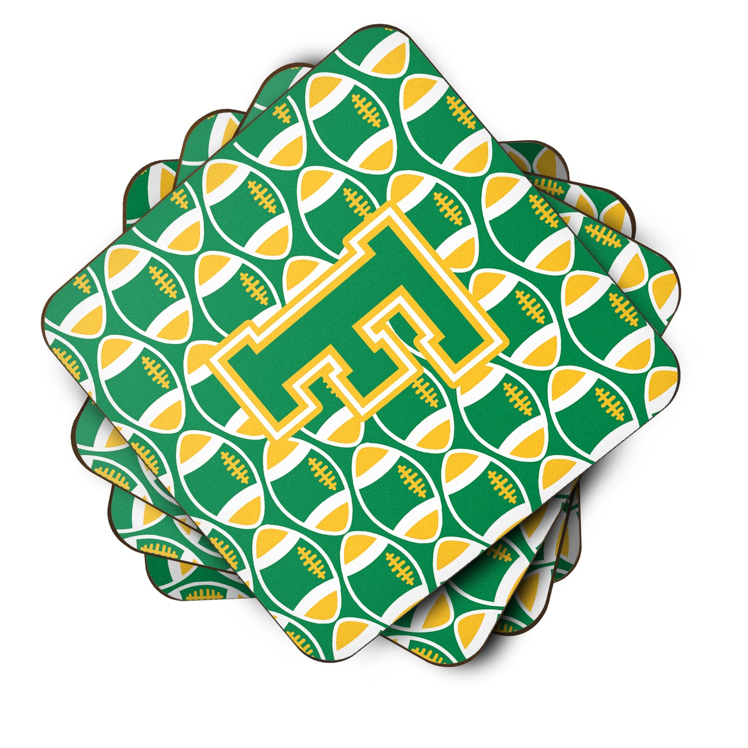 Letter F Football Green and Gold Foam Coaster Set of 4 CJ1069-FFC - the-store.com