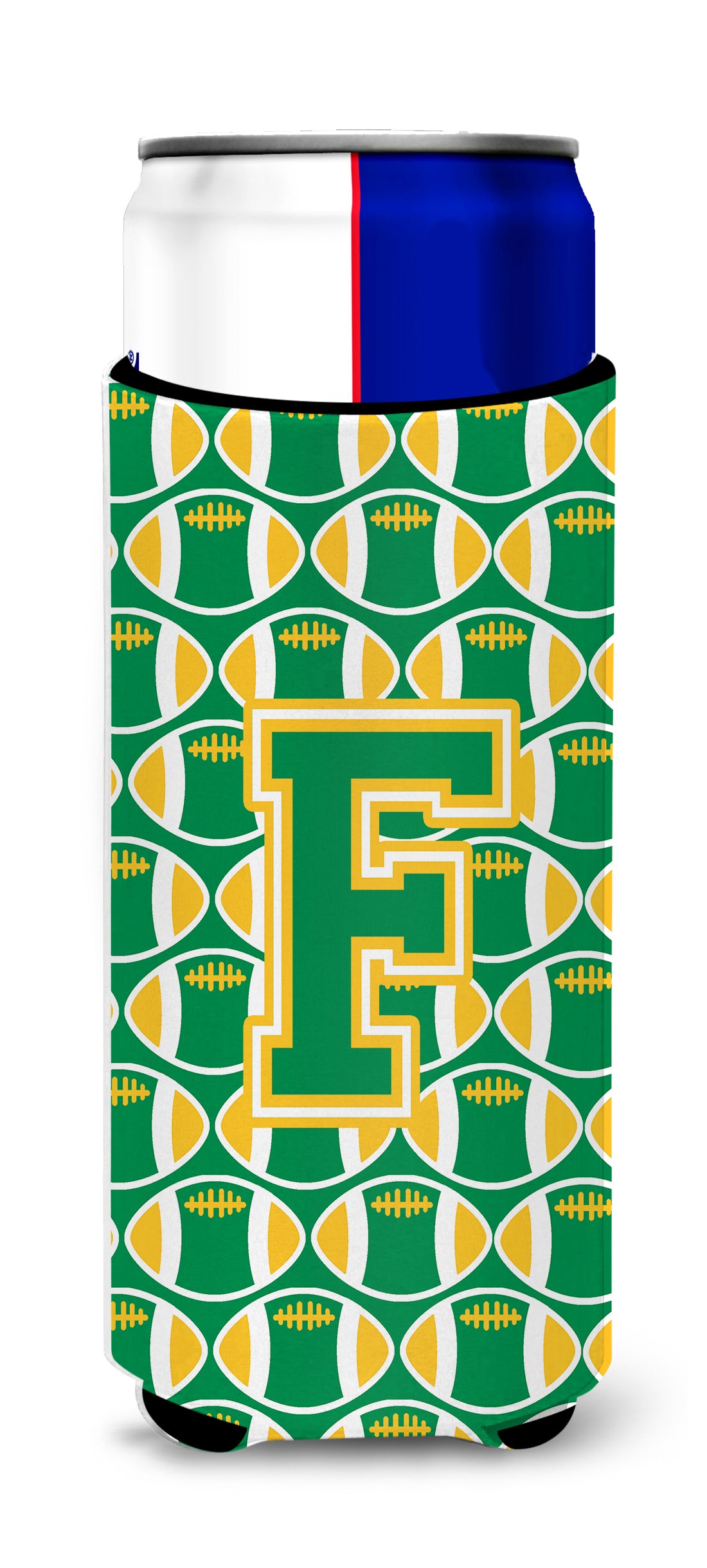 Letter F Football Green and Gold Ultra Beverage Insulators for slim cans CJ1069-FMUK.