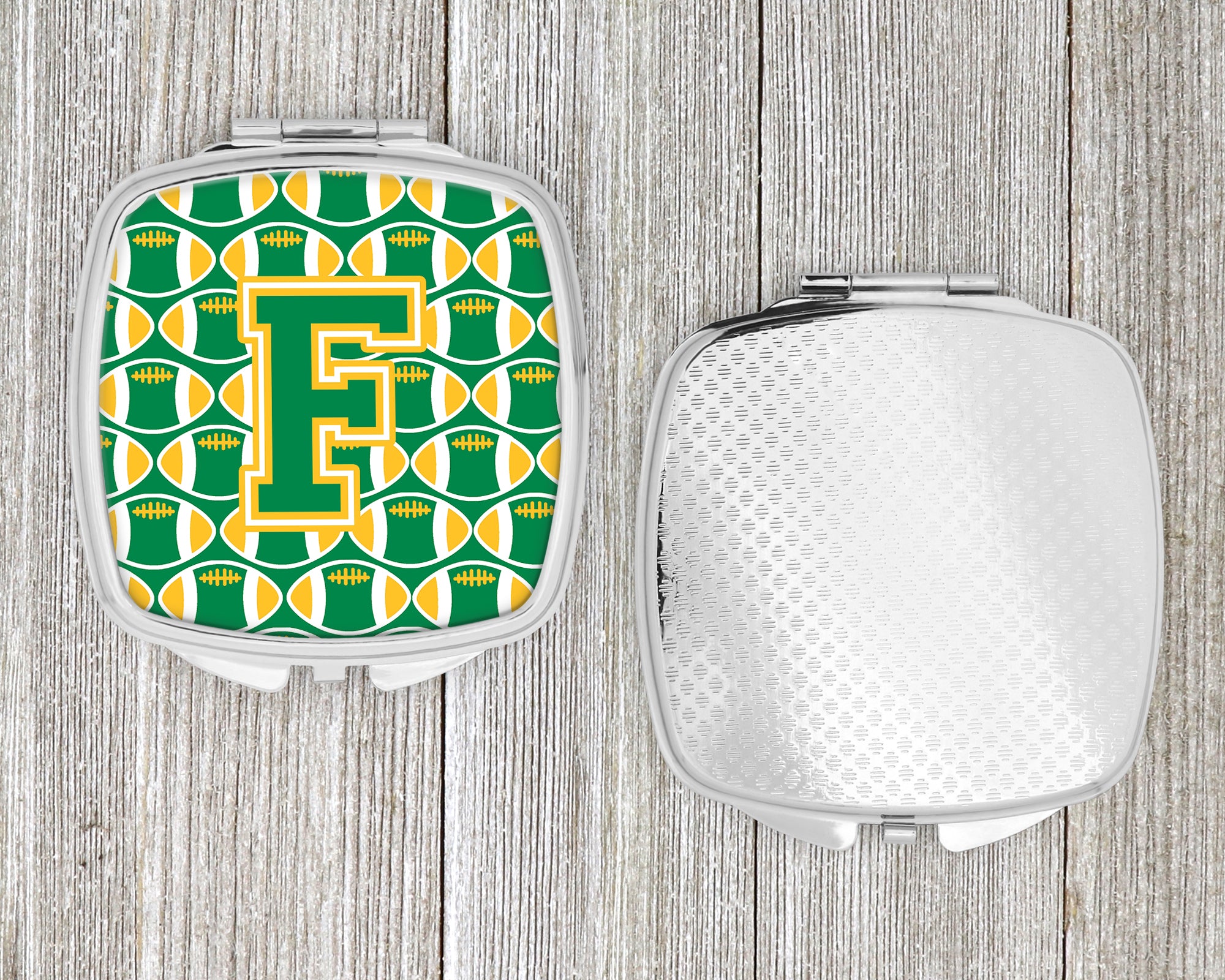 Letter F Football Green and Gold Compact Mirror CJ1069-FSCM