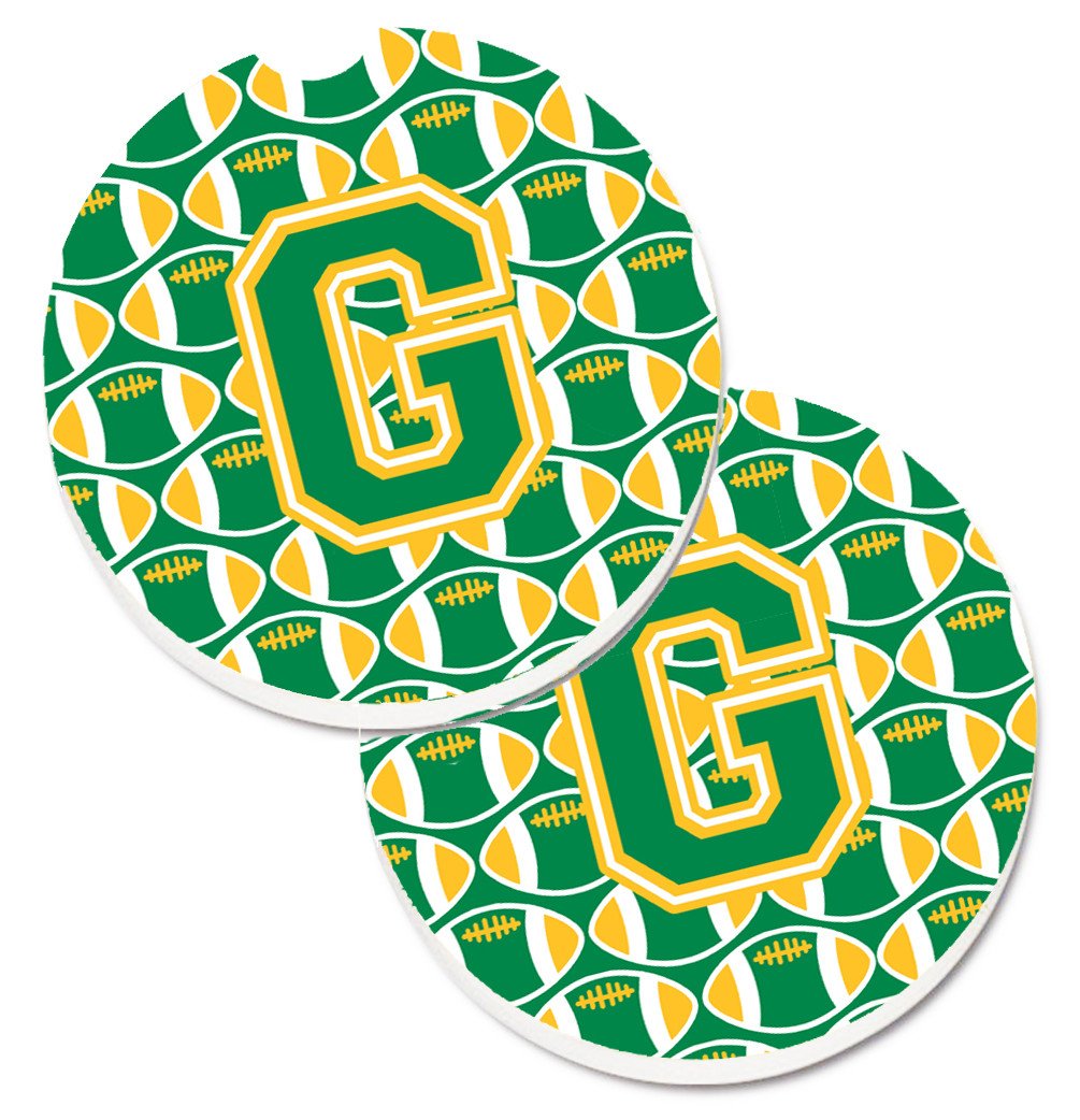 Letter G Football Green and Gold Set of 2 Cup Holder Car Coasters CJ1069-GCARC by Caroline&#39;s Treasures