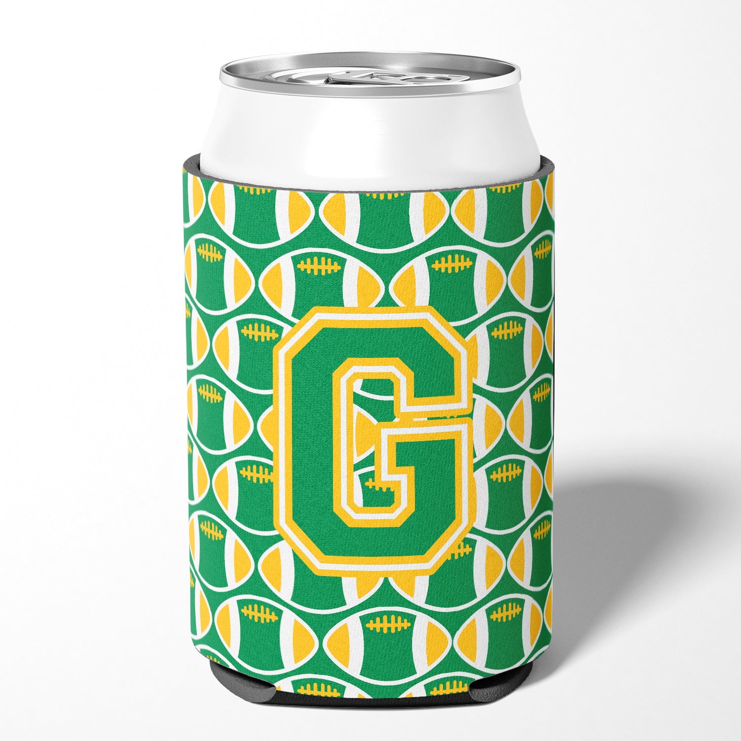 CJ1069-GCC Lettre G Football vert et or pour canette ou porte-bouteille
