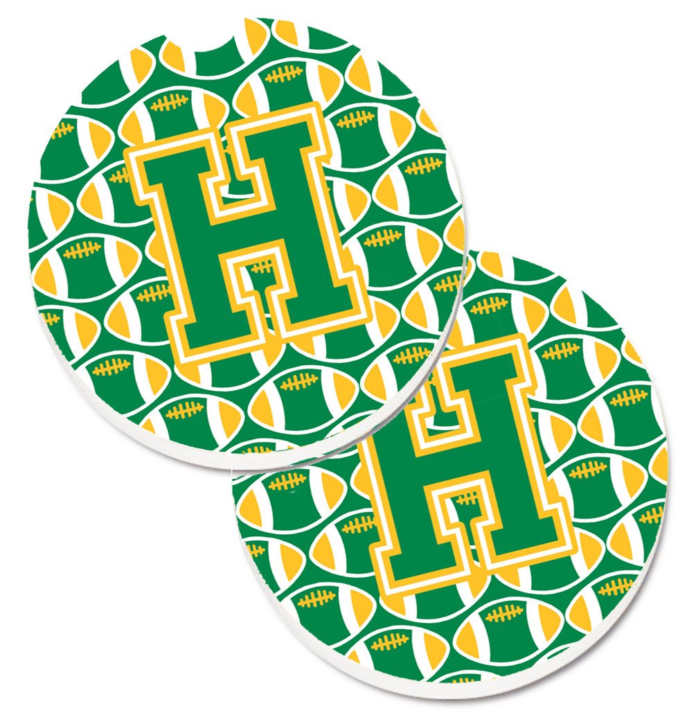 Letter H Football Green and Gold Set of 2 Cup Holder Car Coasters CJ1069-HCARC by Caroline&#39;s Treasures