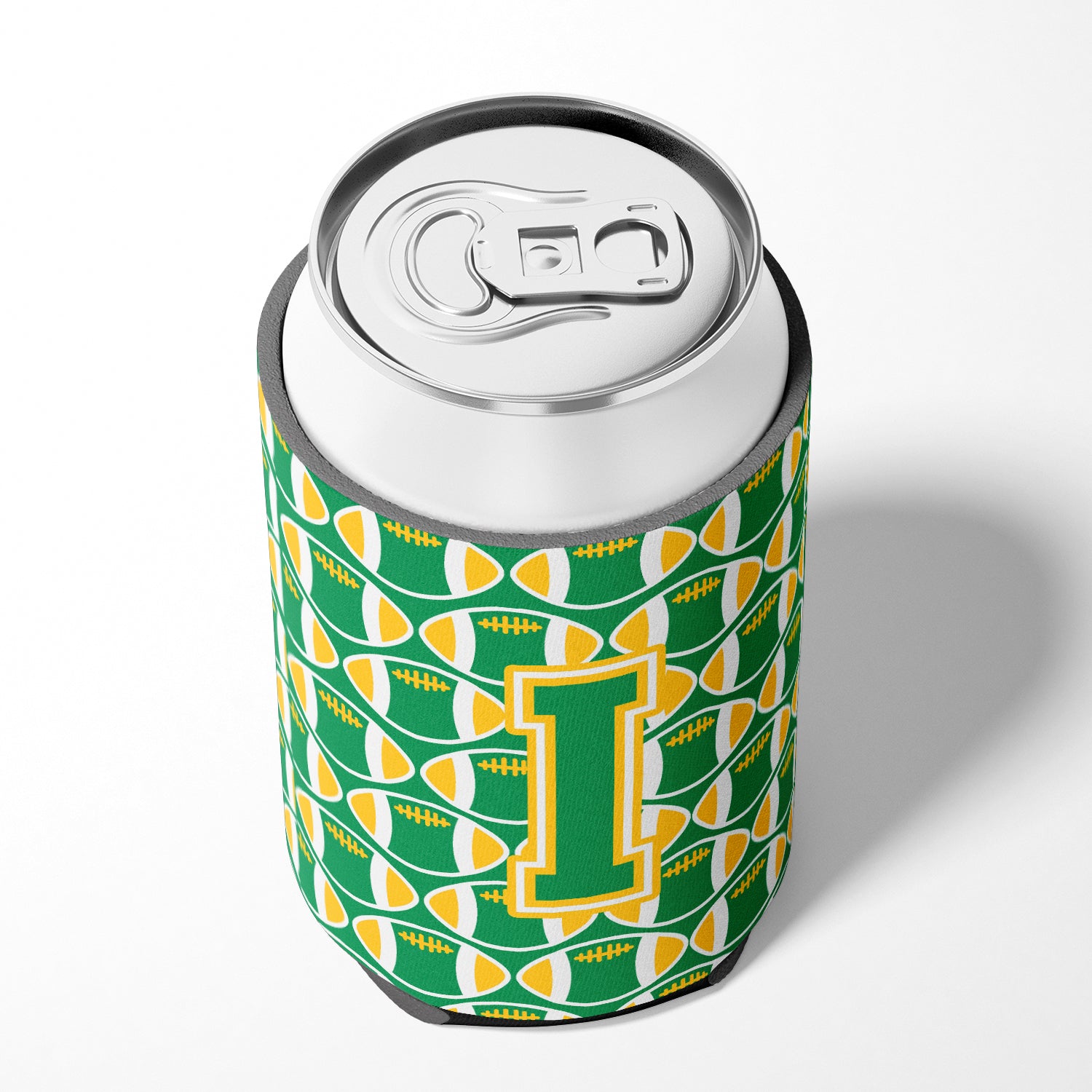Letter I Football Green and Gold Can or Bottle Hugger CJ1069-ICC.