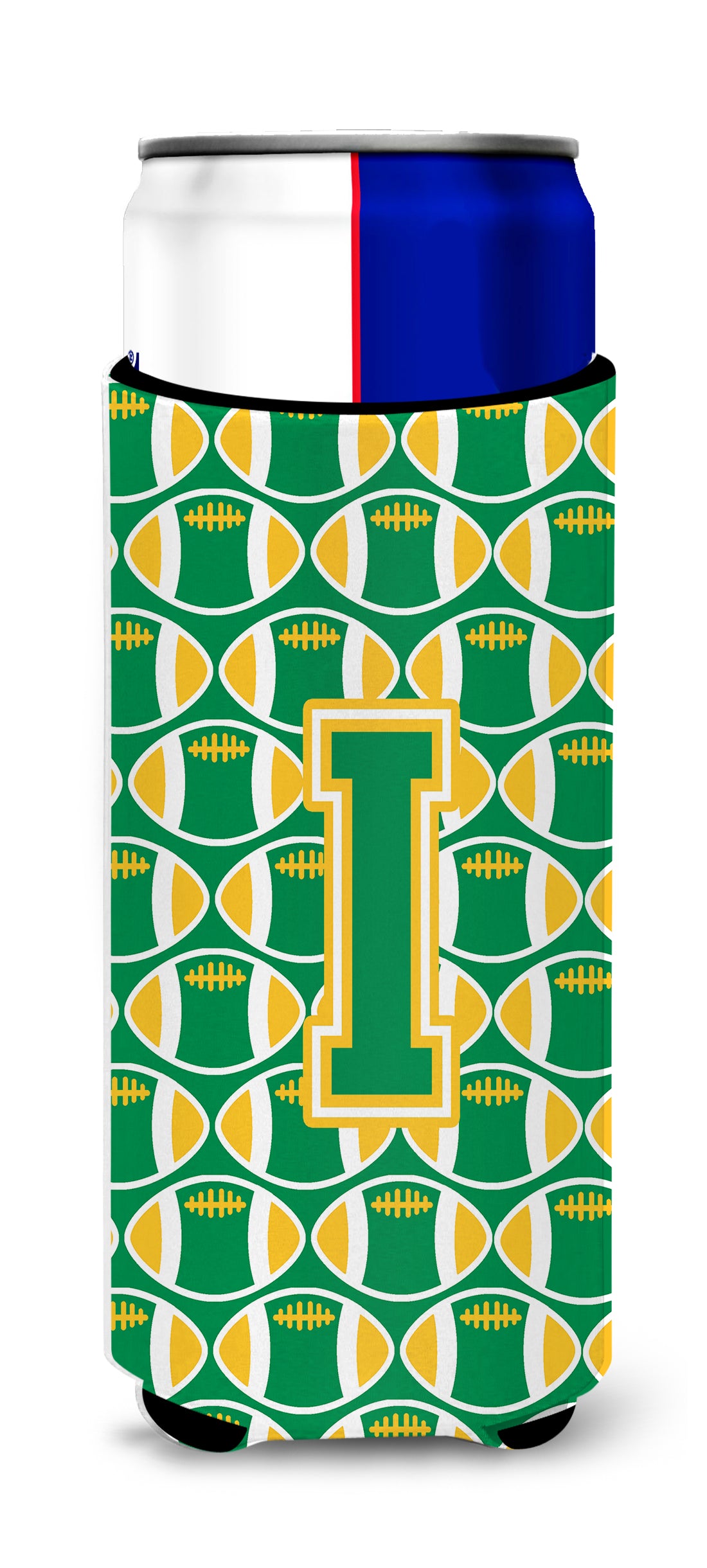 Letter I Football Green and Gold Ultra Beverage Insulators for slim cans CJ1069-IMUK.