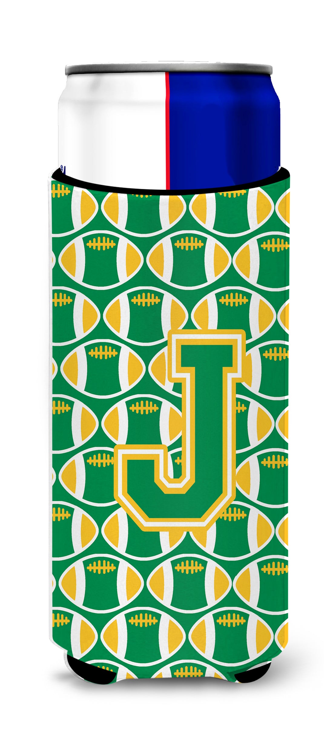Letter J Football Green and Gold Ultra Beverage Insulators for slim cans CJ1069-JMUK.
