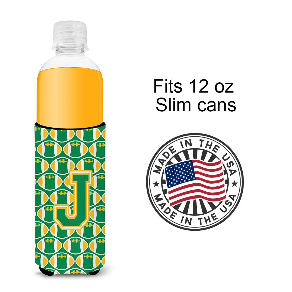 Letter J Football Green and Gold Ultra Beverage Insulators for slim cans CJ1069-JMUK