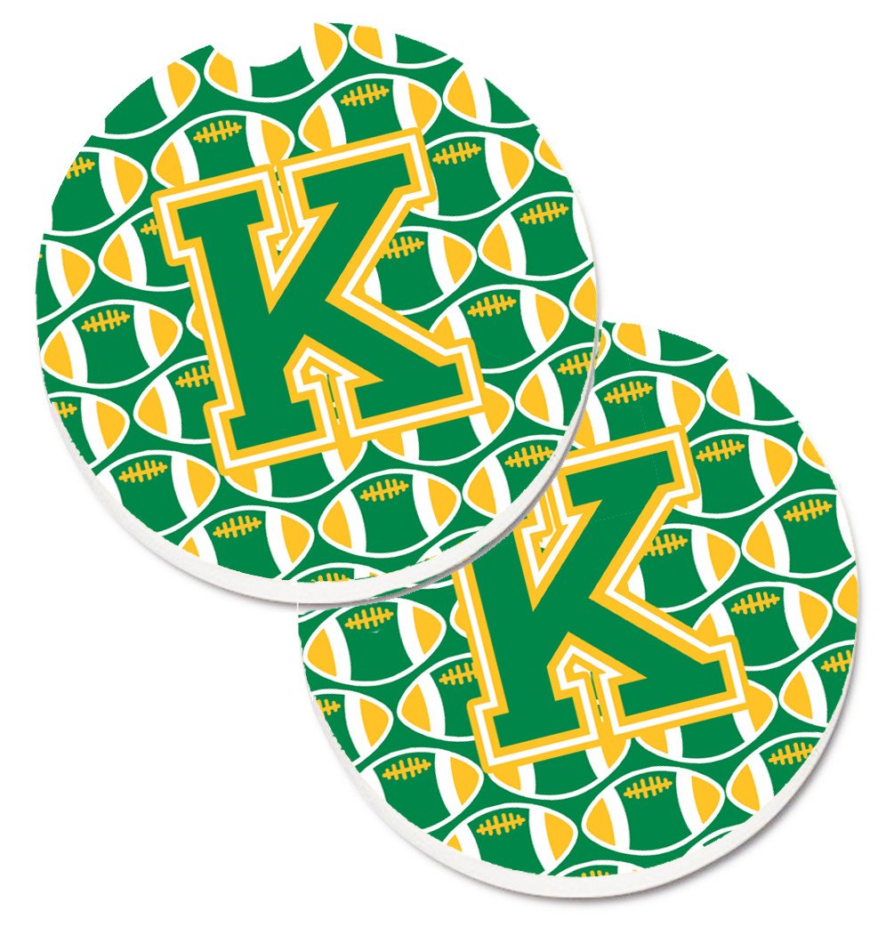 Letter K Football Green and Gold Set of 2 Cup Holder Car Coasters CJ1069-KCARC by Caroline&#39;s Treasures