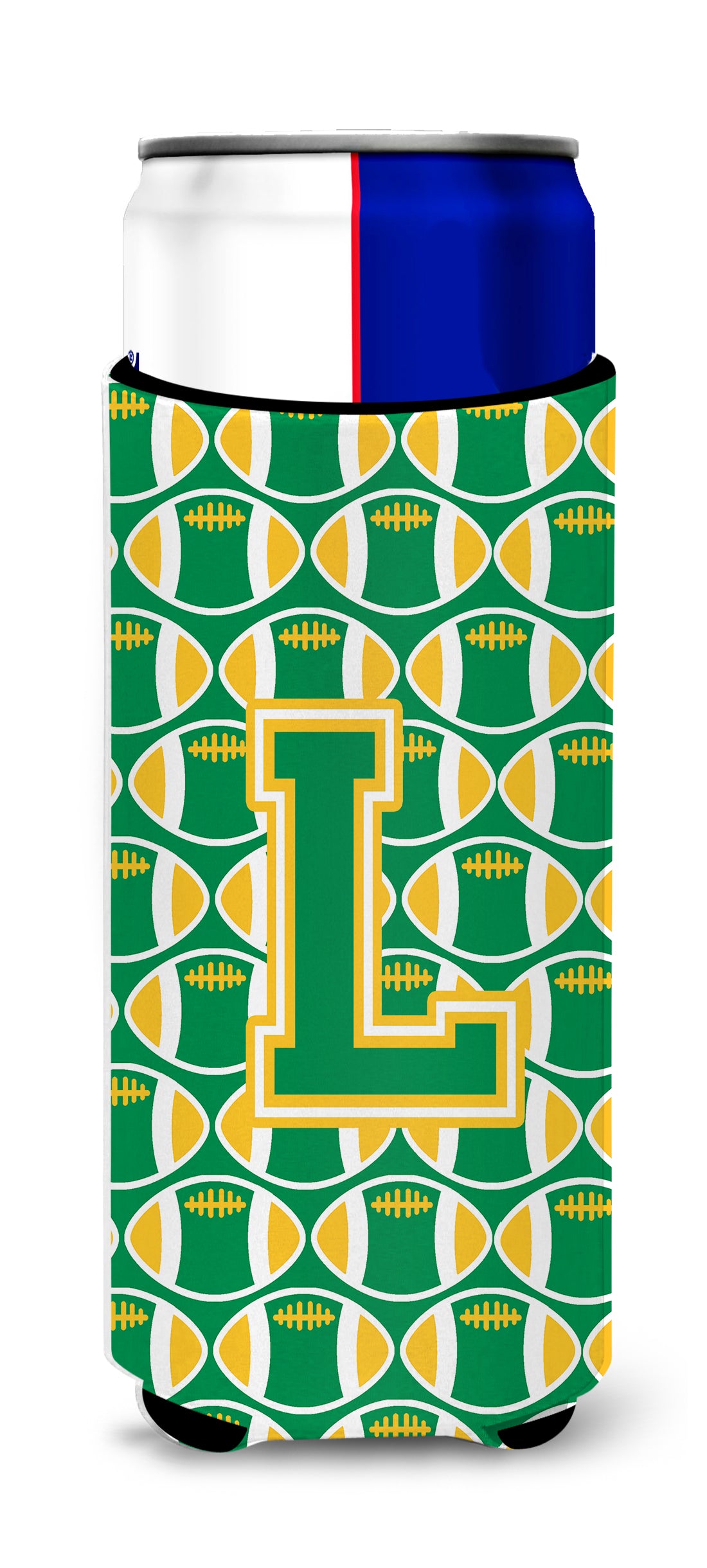 Letter L Football Green and Gold Ultra Beverage Insulators for slim cans CJ1069-LMUK.