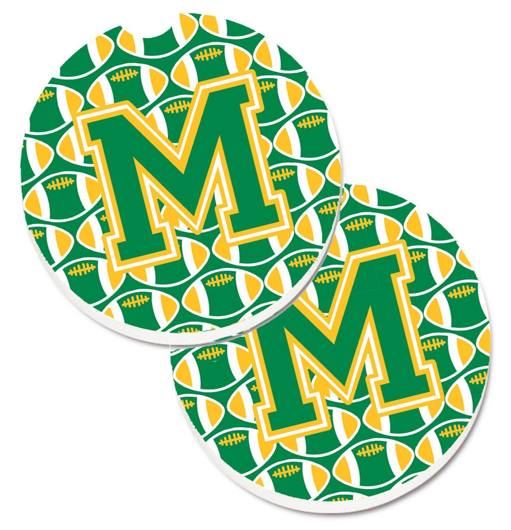 Letter M Football Green and Gold Set of 2 Cup Holder Car Coasters CJ1069-MCARC by Caroline&#39;s Treasures