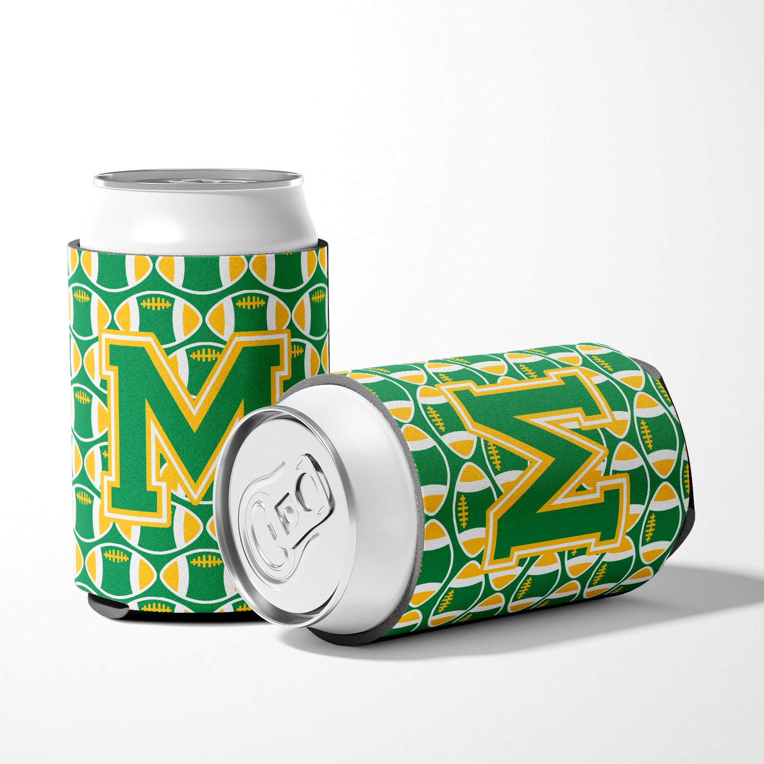 Letter M Football Green and Gold Can or Bottle Hugger CJ1069-MCC.