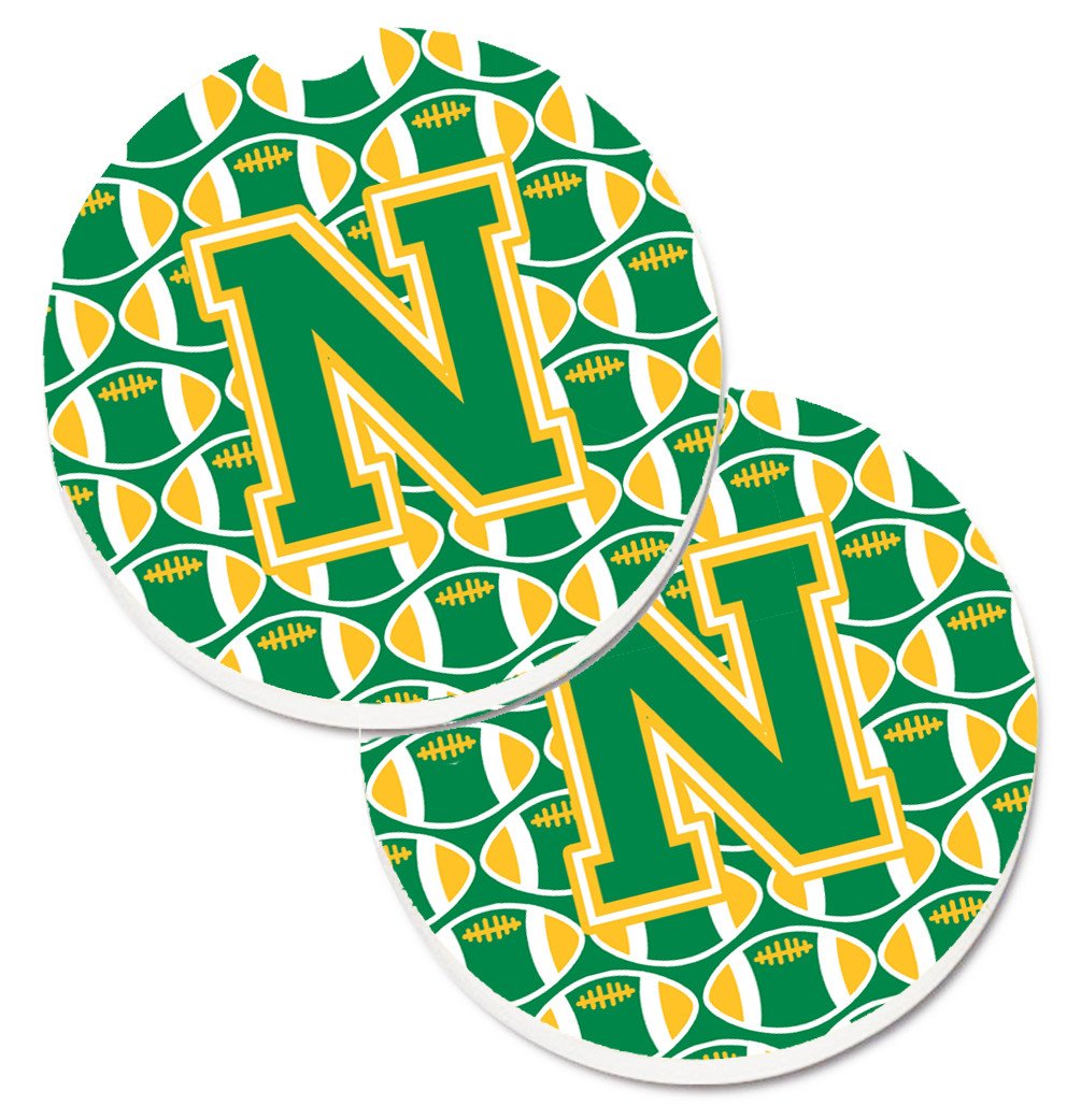 Letter N Football Green and Gold Set of 2 Cup Holder Car Coasters CJ1069-NCARC by Caroline&#39;s Treasures