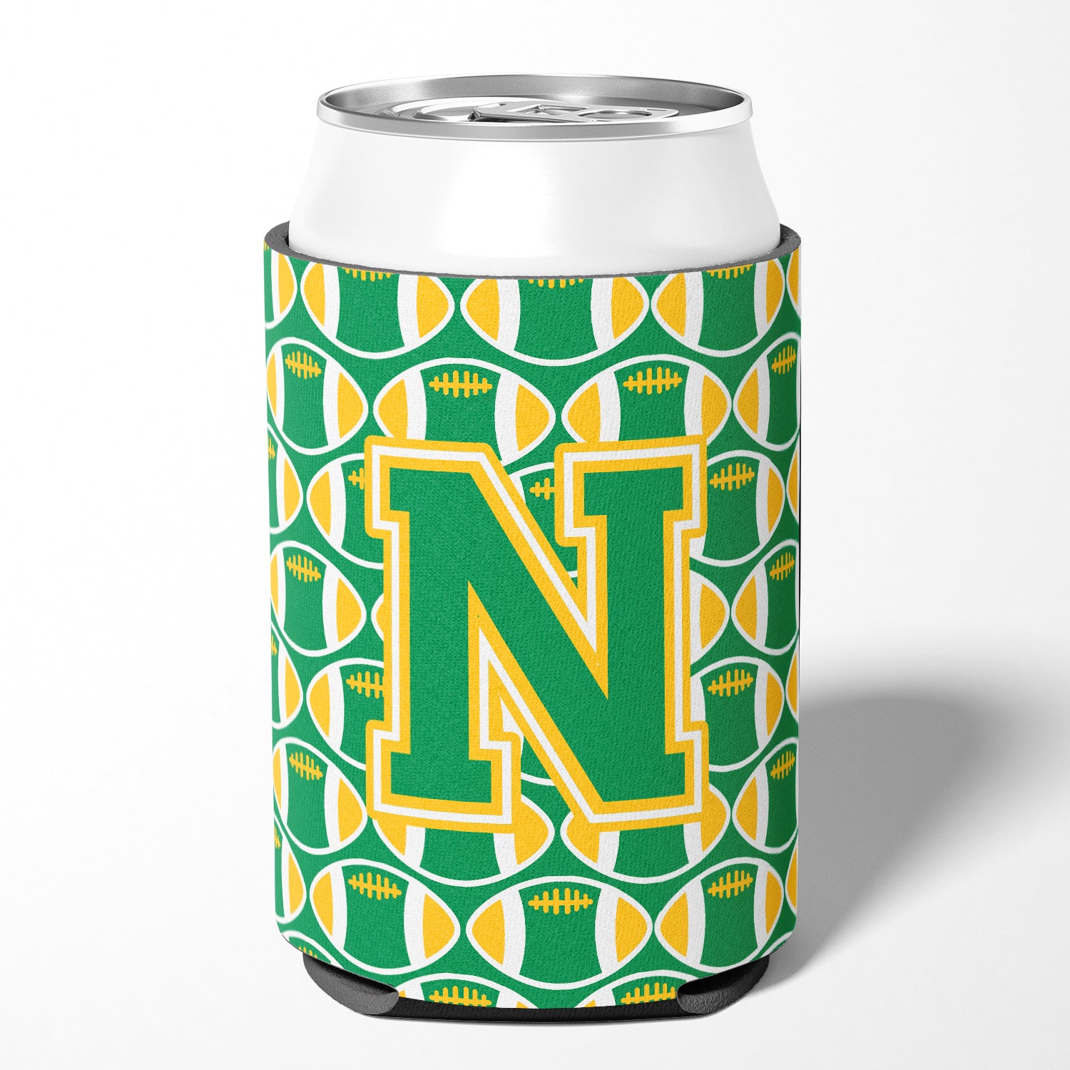 Letter N Football Green and Gold Can or Bottle Hugger CJ1069-NCC.