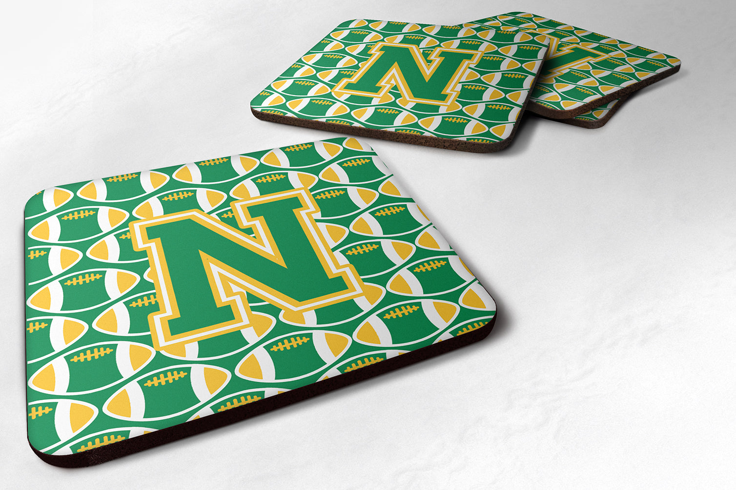 Letter N Football Green and Gold Foam Coaster Set of 4 CJ1069-NFC - the-store.com