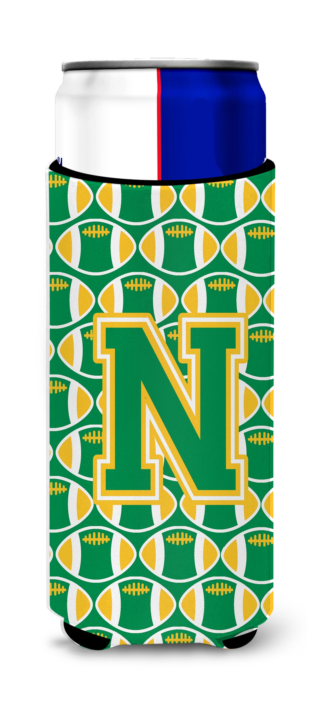 Letter N Football Green and Gold Ultra Beverage Insulators for slim cans CJ1069-NMUK.