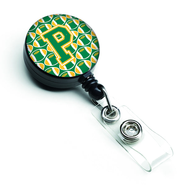 Letter P Football Green and Gold Retractable Badge Reel CJ1069-PBR