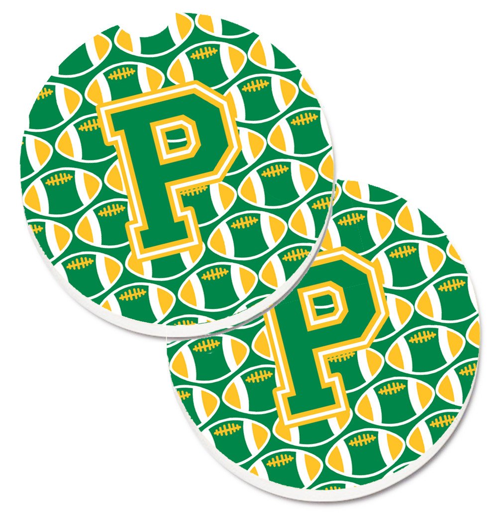 Letter P Football Green and Gold Set of 2 Cup Holder Car Coasters CJ1069-PCARC by Caroline's Treasures