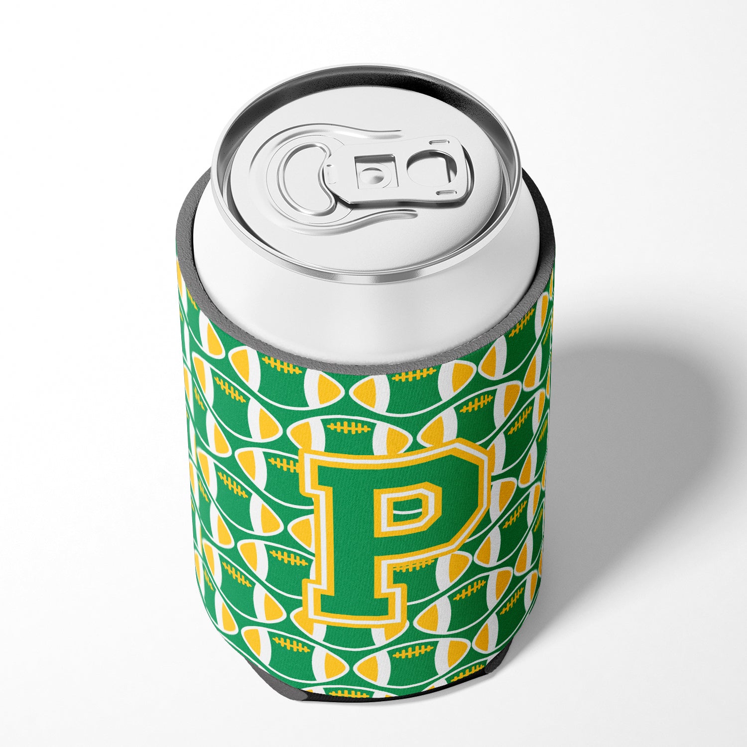 Letter P Football Green and Gold Can or Bottle Hugger CJ1069-PCC.