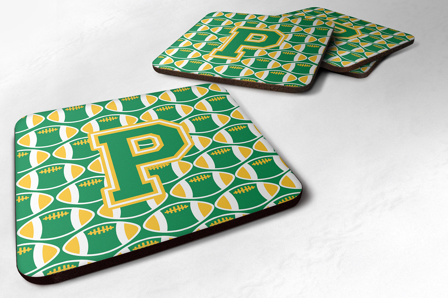Letter P Football Green and Gold Foam Coaster Set of 4 CJ1069-PFC - the-store.com