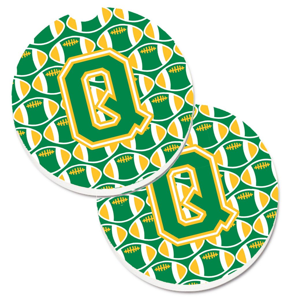 Letter Q Football Green and Gold Set of 2 Cup Holder Car Coasters CJ1069-QCARC by Caroline&#39;s Treasures