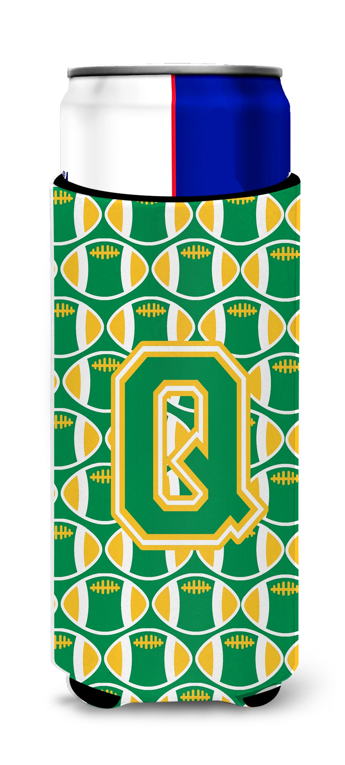 Letter Q Football Green and Gold Ultra Beverage Insulators for slim cans CJ1069-QMUK.