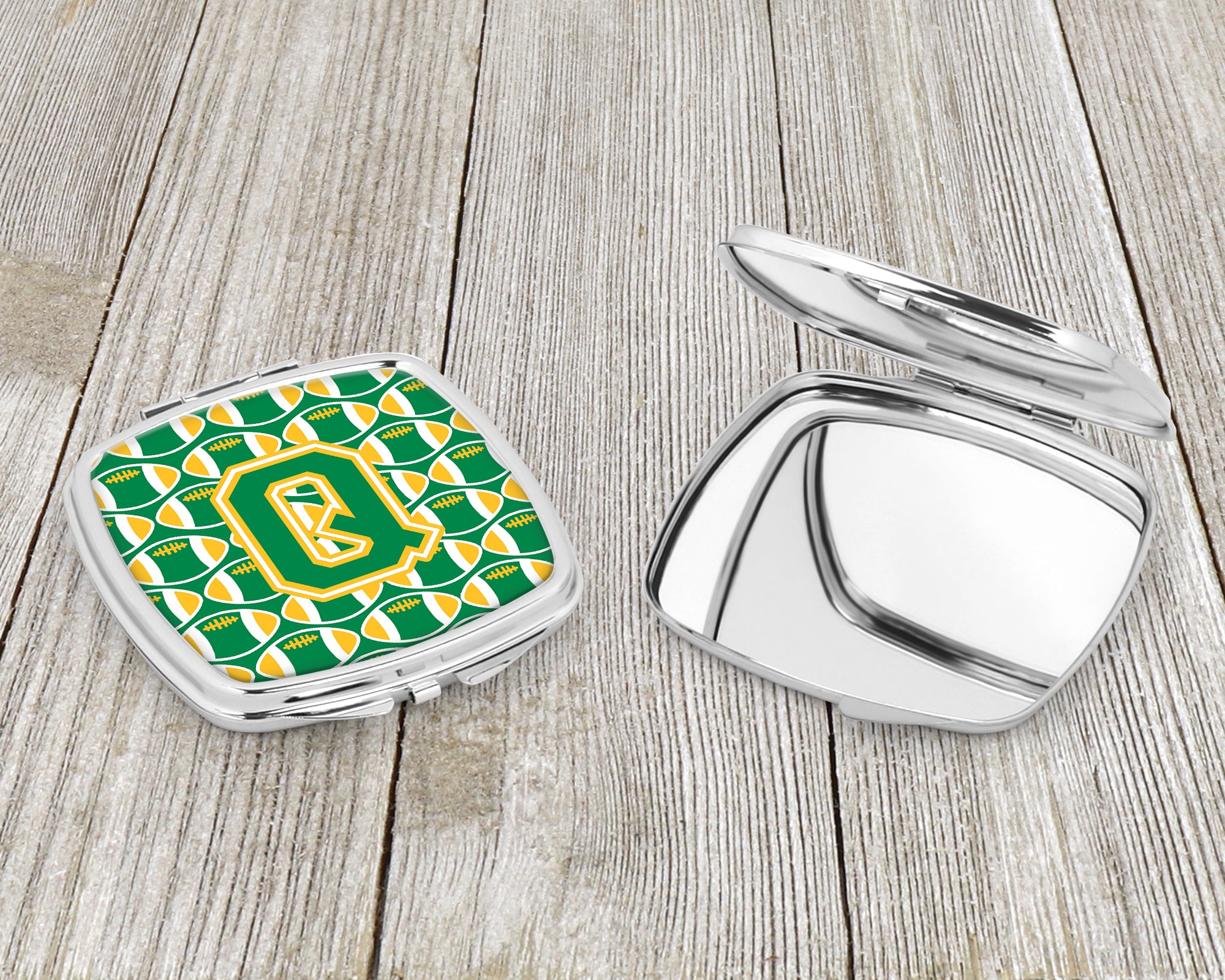 Letter Q Football Green and Gold Compact Mirror CJ1069-QSCM