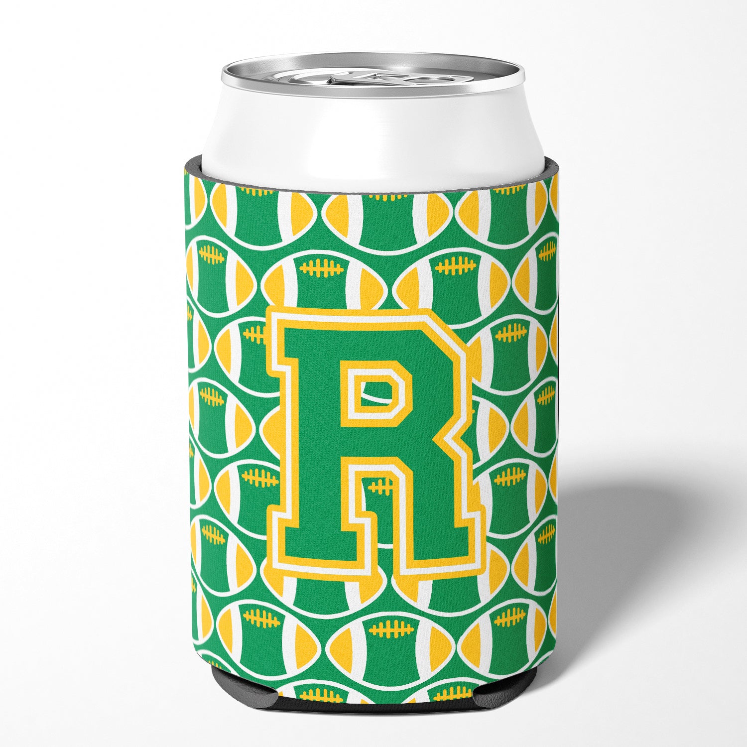 Letter R Football Green and Gold Can or Bottle Hugger CJ1069-RCC.