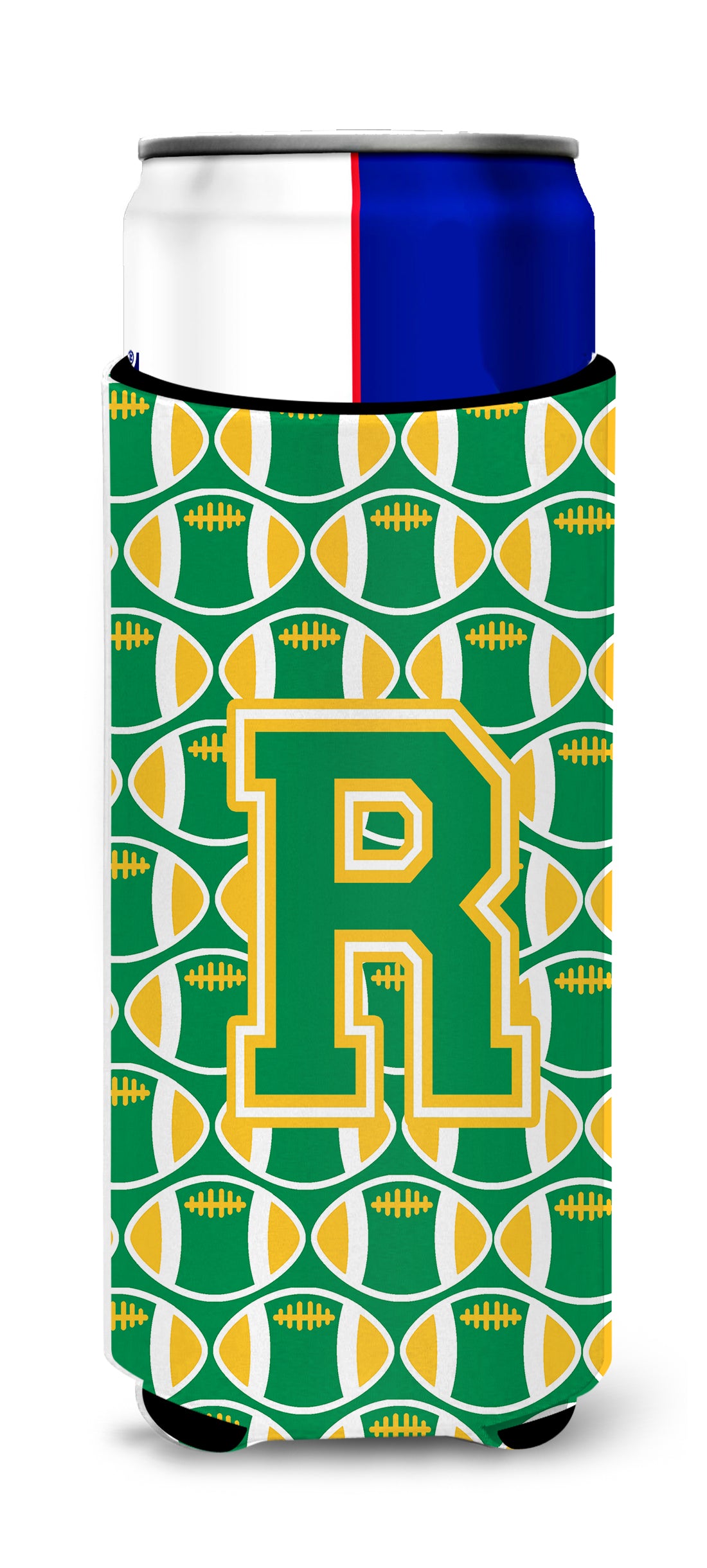 Letter R Football Green and Gold Ultra Beverage Insulators for slim cans CJ1069-RMUK.