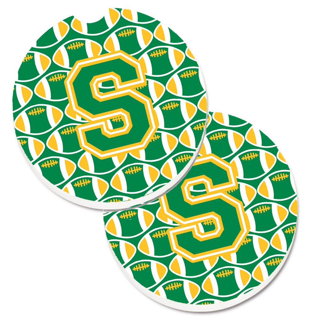 Letter S Football Green and Gold Set of 2 Cup Holder Car Coasters CJ1069-SCARC by Caroline&#39;s Treasures