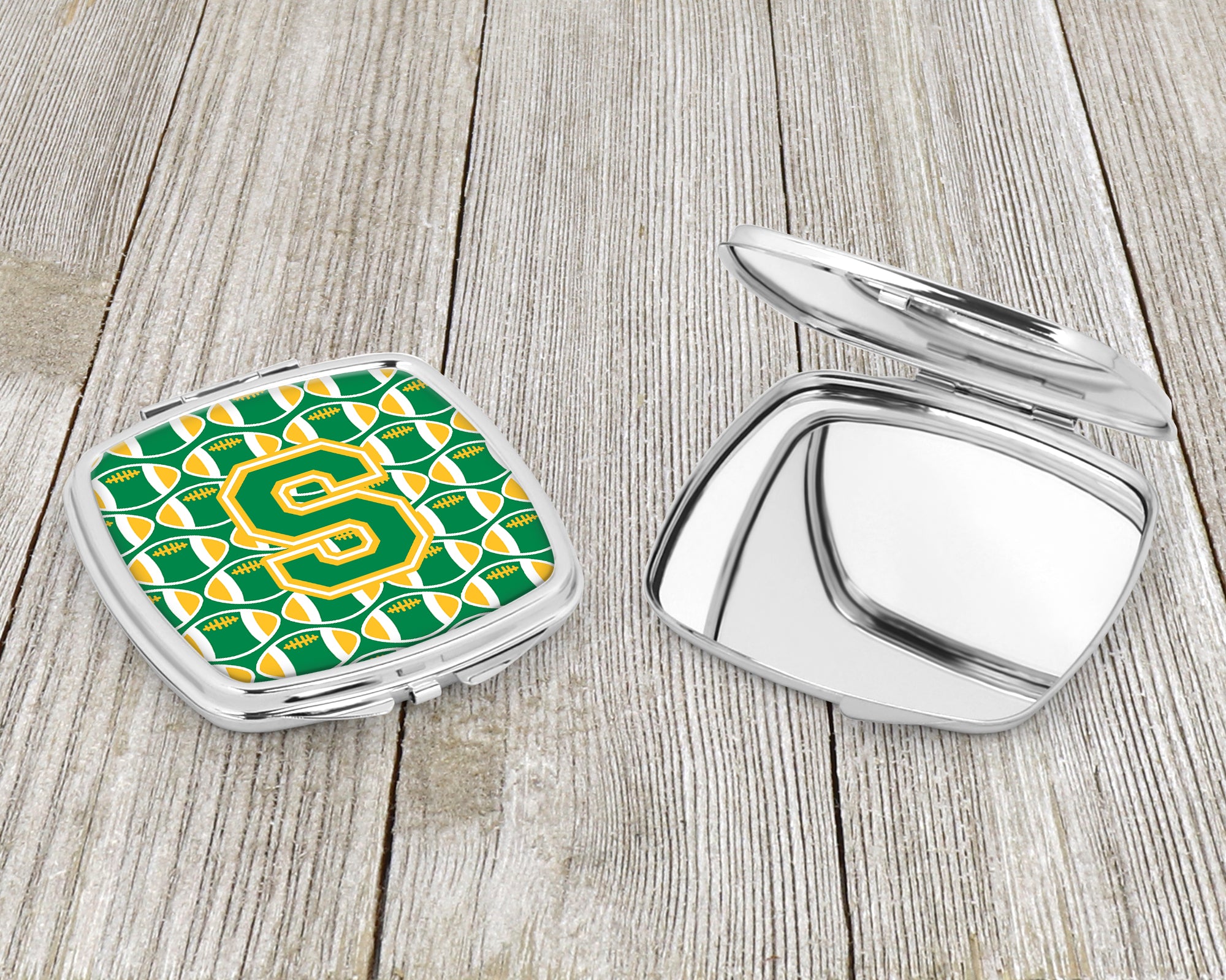 Letter S Football Green and Gold Compact Mirror CJ1069-SSCM