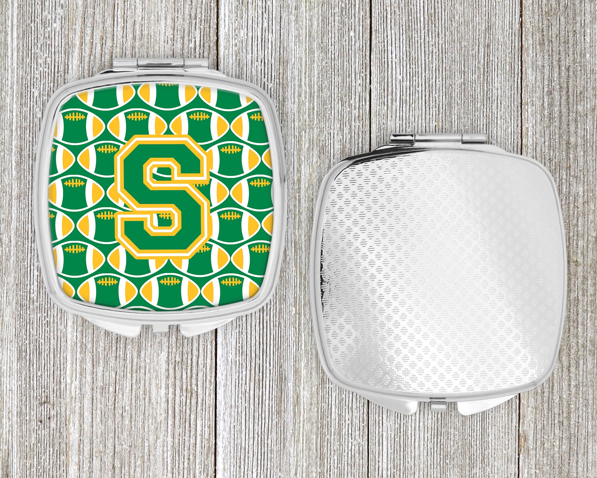 Letter S Football Green and Gold Compact Mirror CJ1069-SSCM  the-store.com.