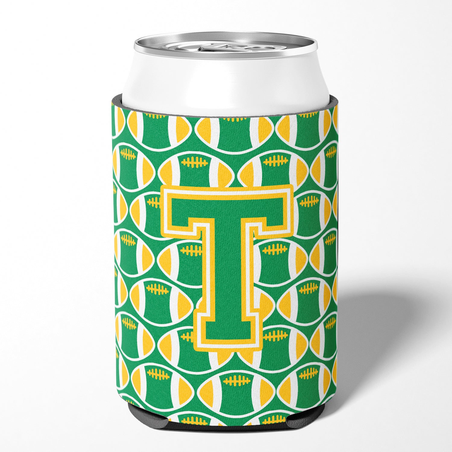 Letter T Football Green and Gold Can or Bottle Hugger CJ1069-TCC.