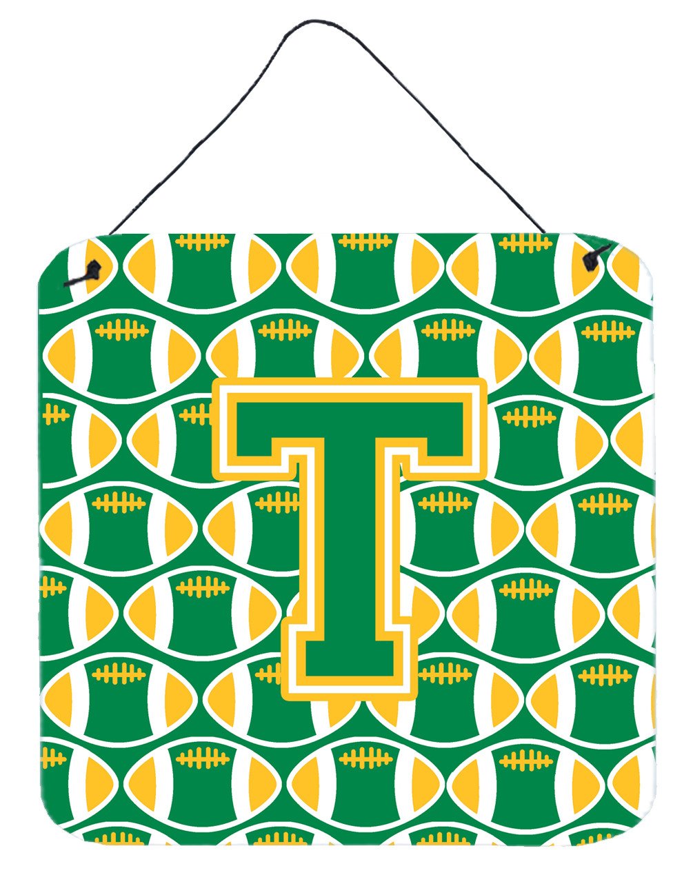 Letter T Football Green and Gold Wall or Door Hanging Prints CJ1069-TDS66 by Caroline&#39;s Treasures