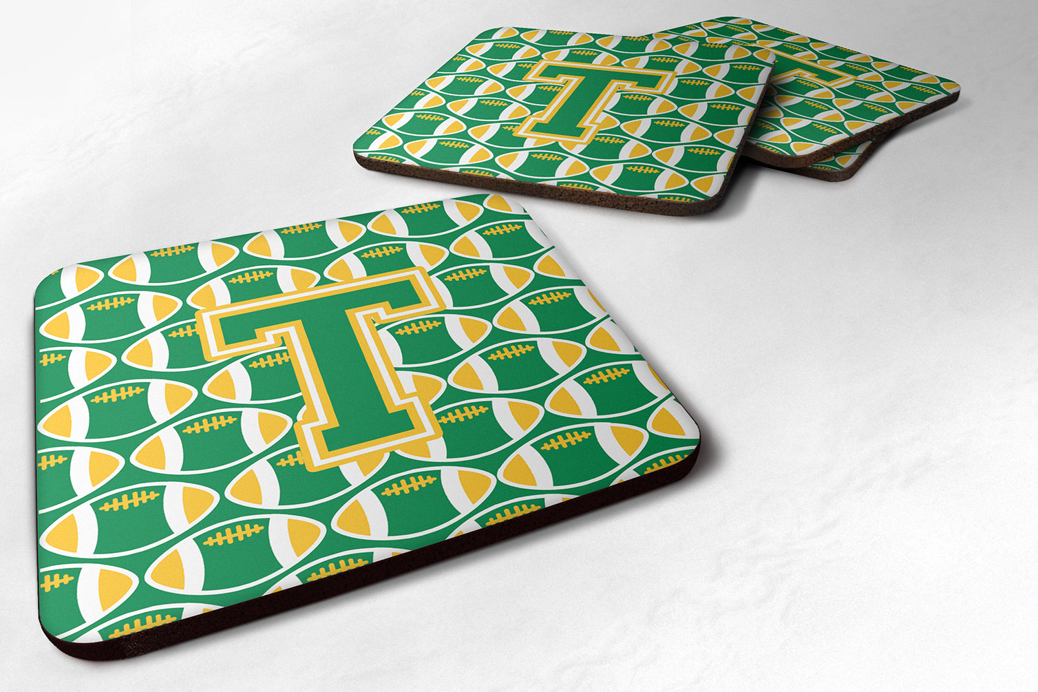 Letter T Football Green and Gold Foam Coaster Set of 4 CJ1069-TFC - the-store.com