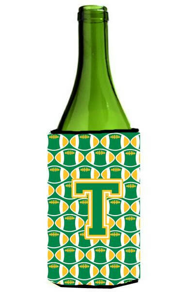 Letter T Football Green and Gold Wine Bottle Beverage Insulator Hugger CJ1069-TLITERK by Caroline&#39;s Treasures