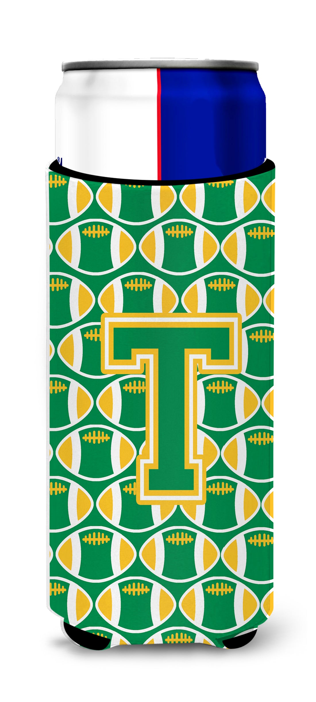 Letter T Football Green and Gold Ultra Beverage Insulators for slim cans CJ1069-TMUK.