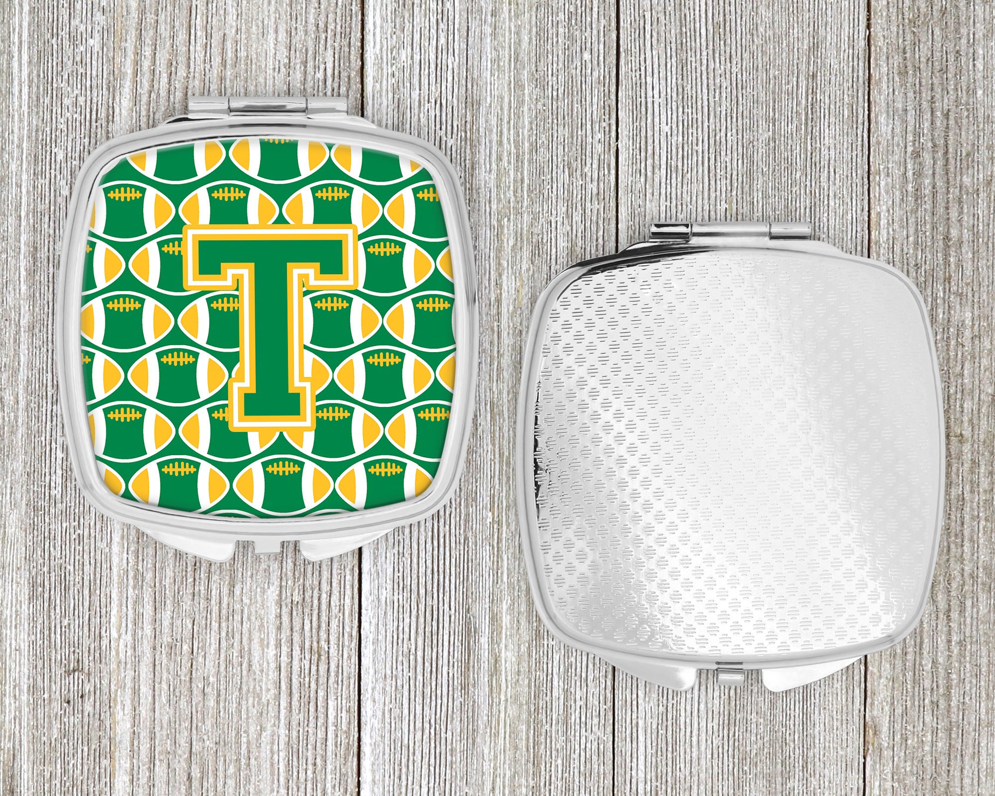 Letter T Football Green and Gold Compact Mirror CJ1069-TSCM