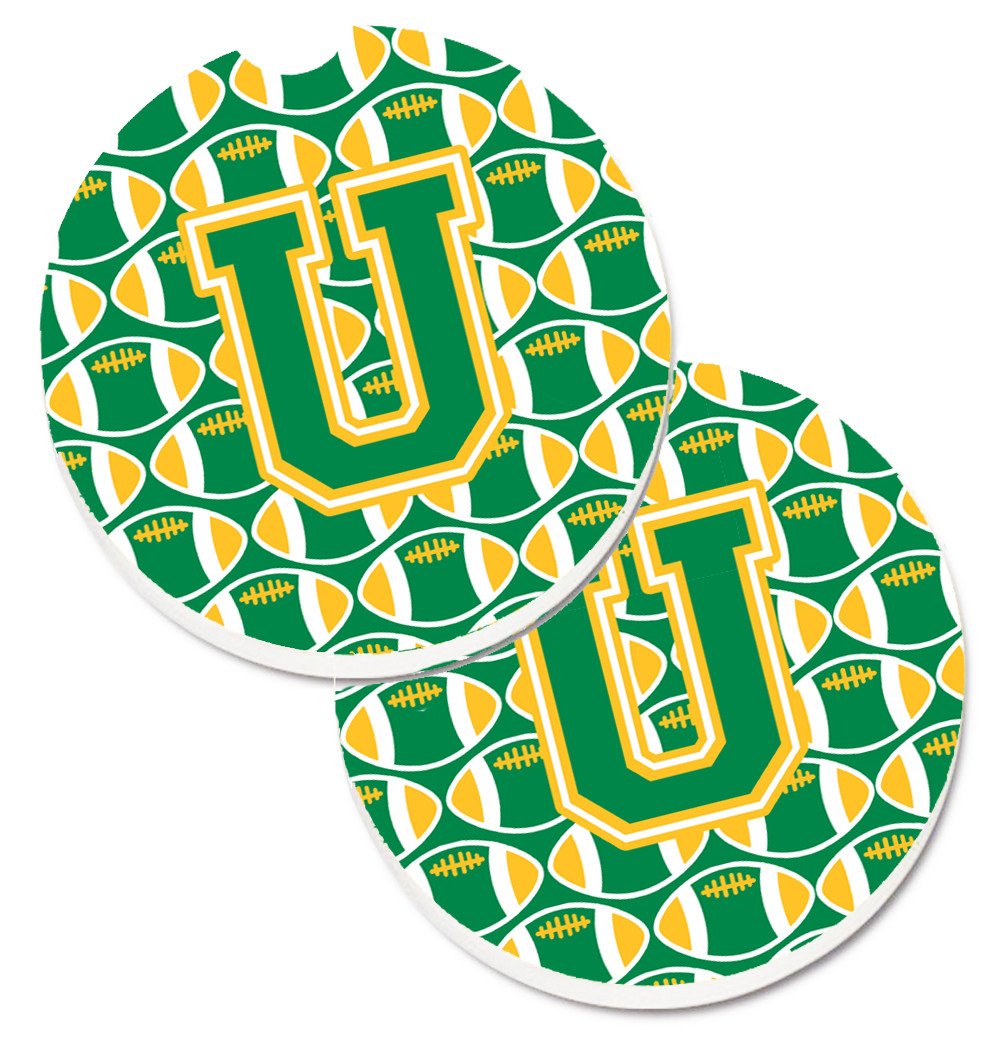 Letter U Football Green and Gold Set of 2 Cup Holder Car Coasters CJ1069-UCARC by Caroline&#39;s Treasures