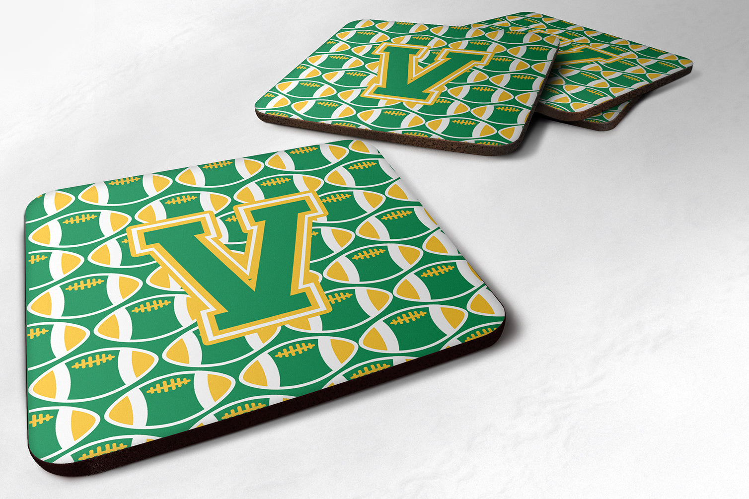 Letter V Football Green and Gold Foam Coaster Set of 4 CJ1069-VFC - the-store.com