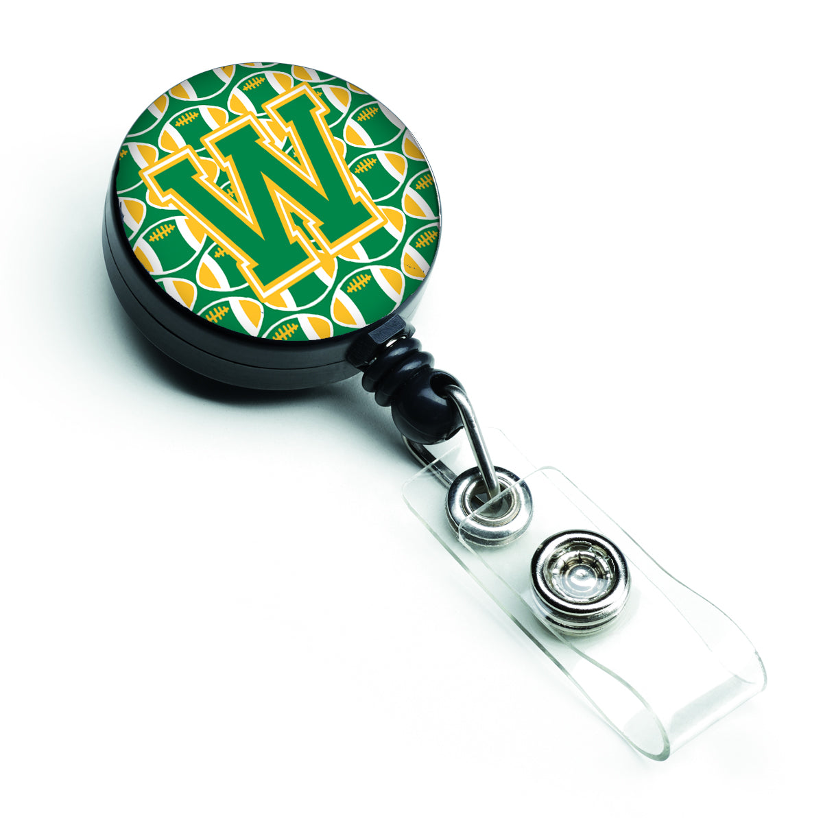 Letter W Football Green and Gold Retractable Badge Reel CJ1069-WBR