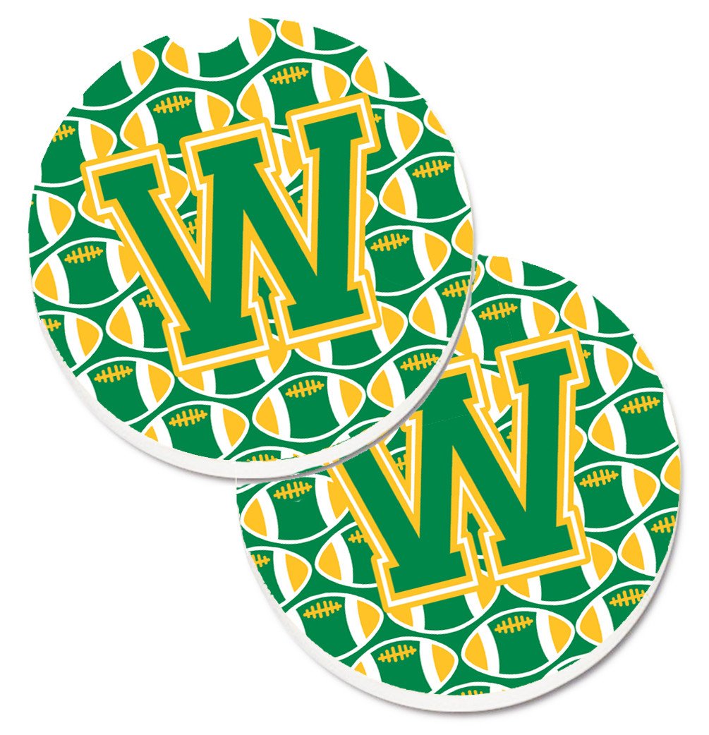 Letter W Football Green and Gold Set of 2 Cup Holder Car Coasters CJ1069-WCARC by Caroline&#39;s Treasures