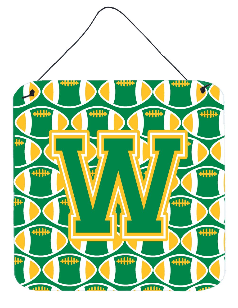 Letter W Football Green and Gold Wall or Door Hanging Prints CJ1069-WDS66 by Caroline&#39;s Treasures