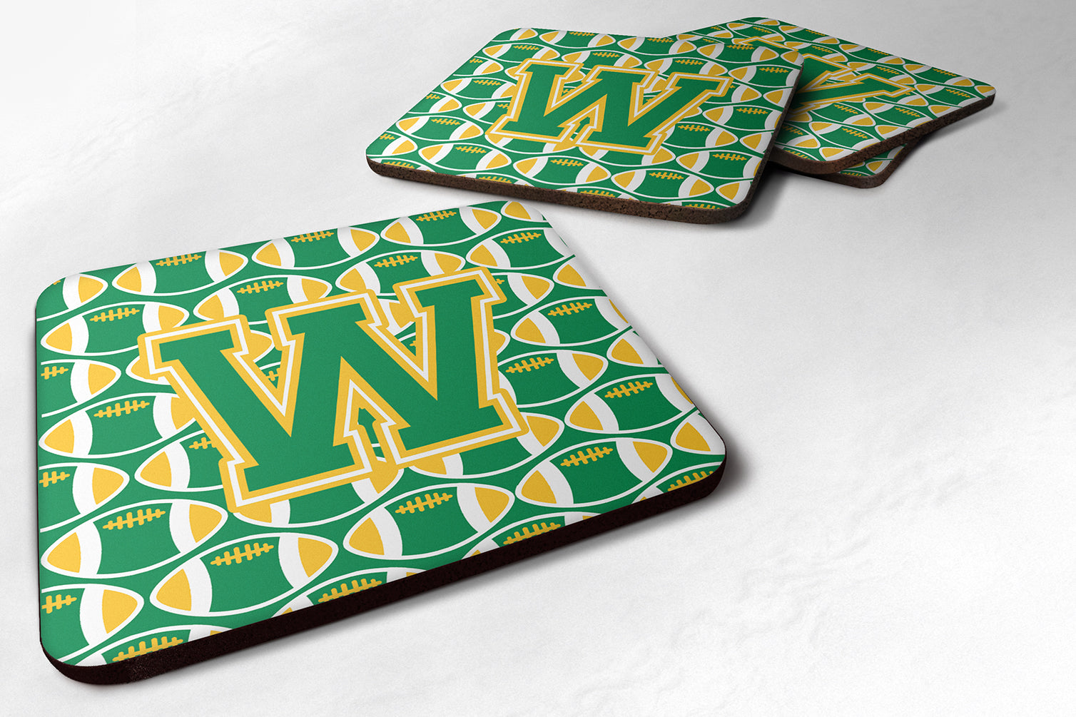 Letter W Football Green and Gold Foam Coaster Set of 4 CJ1069-WFC - the-store.com