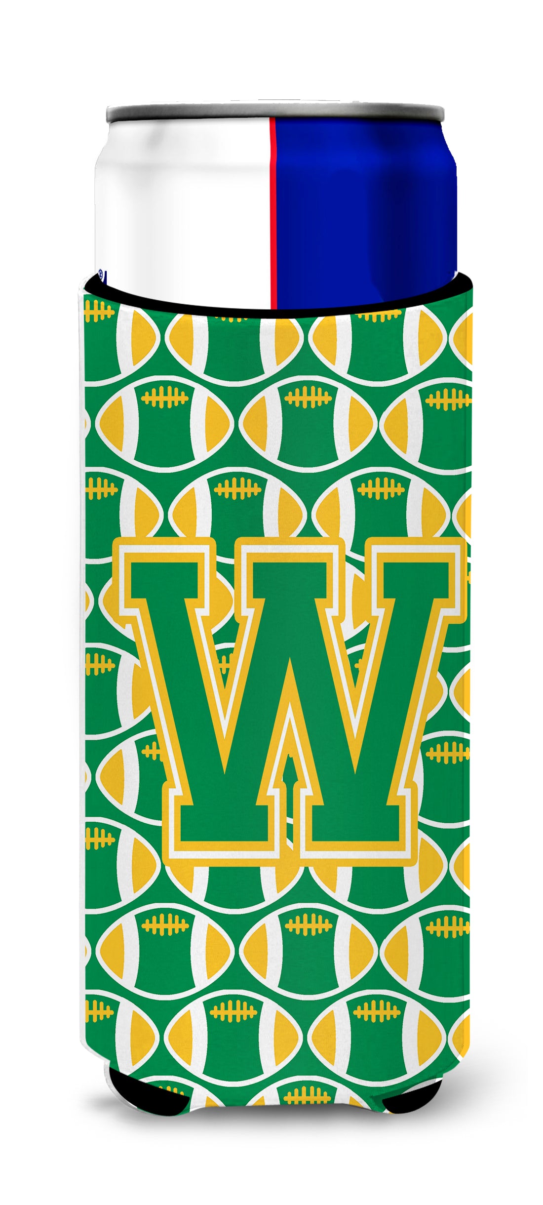 Letter W Football Green and Gold Ultra Beverage Insulators for slim cans CJ1069-WMUK.
