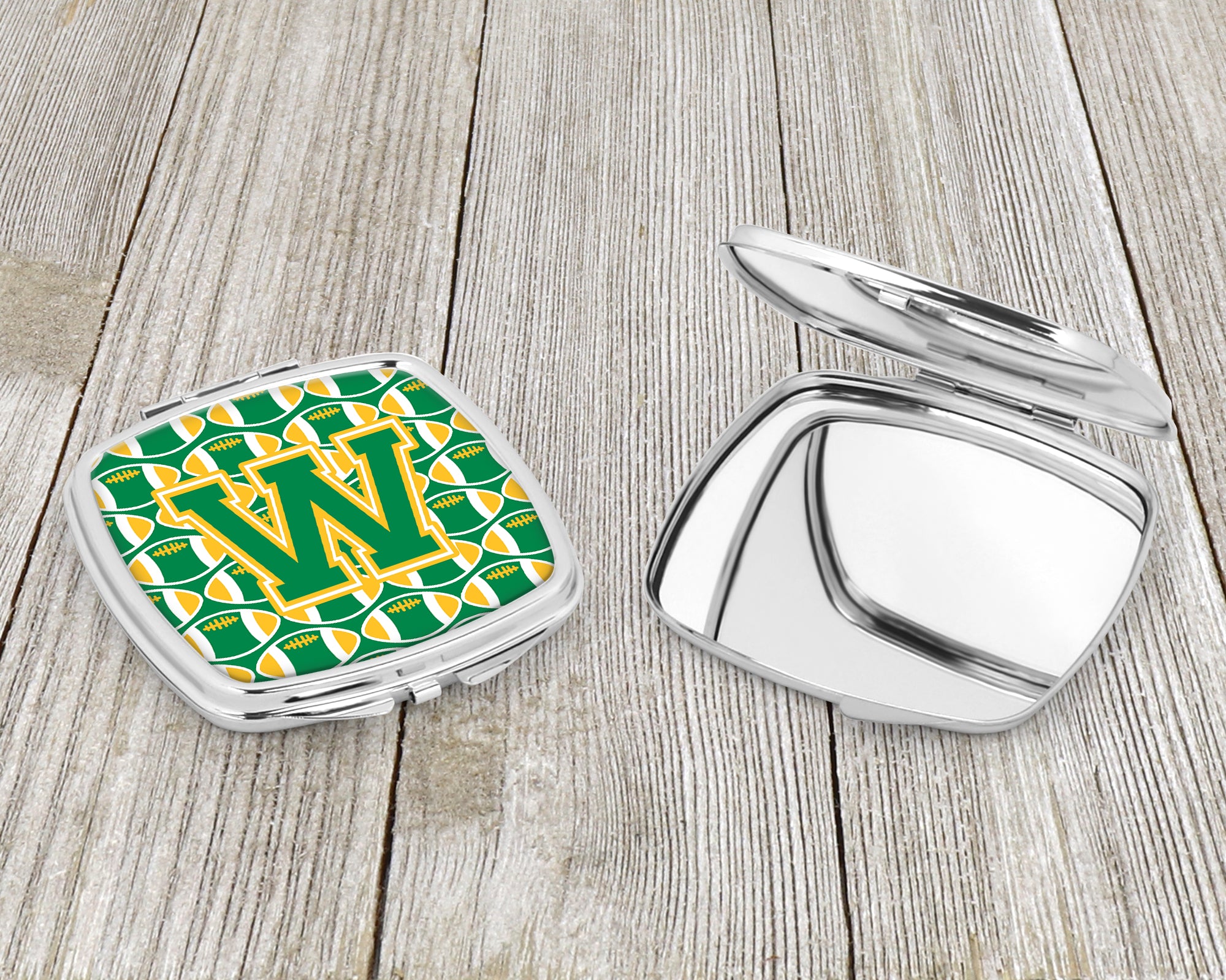 Letter W Football Green and Gold Compact Mirror CJ1069-WSCM  the-store.com.