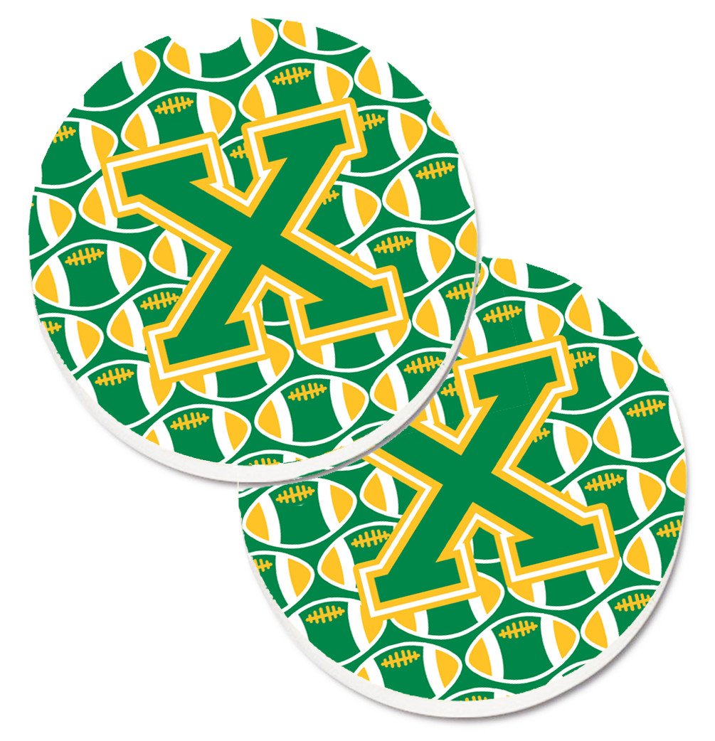 Letter X Football Green and Gold Set of 2 Cup Holder Car Coasters CJ1069-XCARC by Caroline&#39;s Treasures