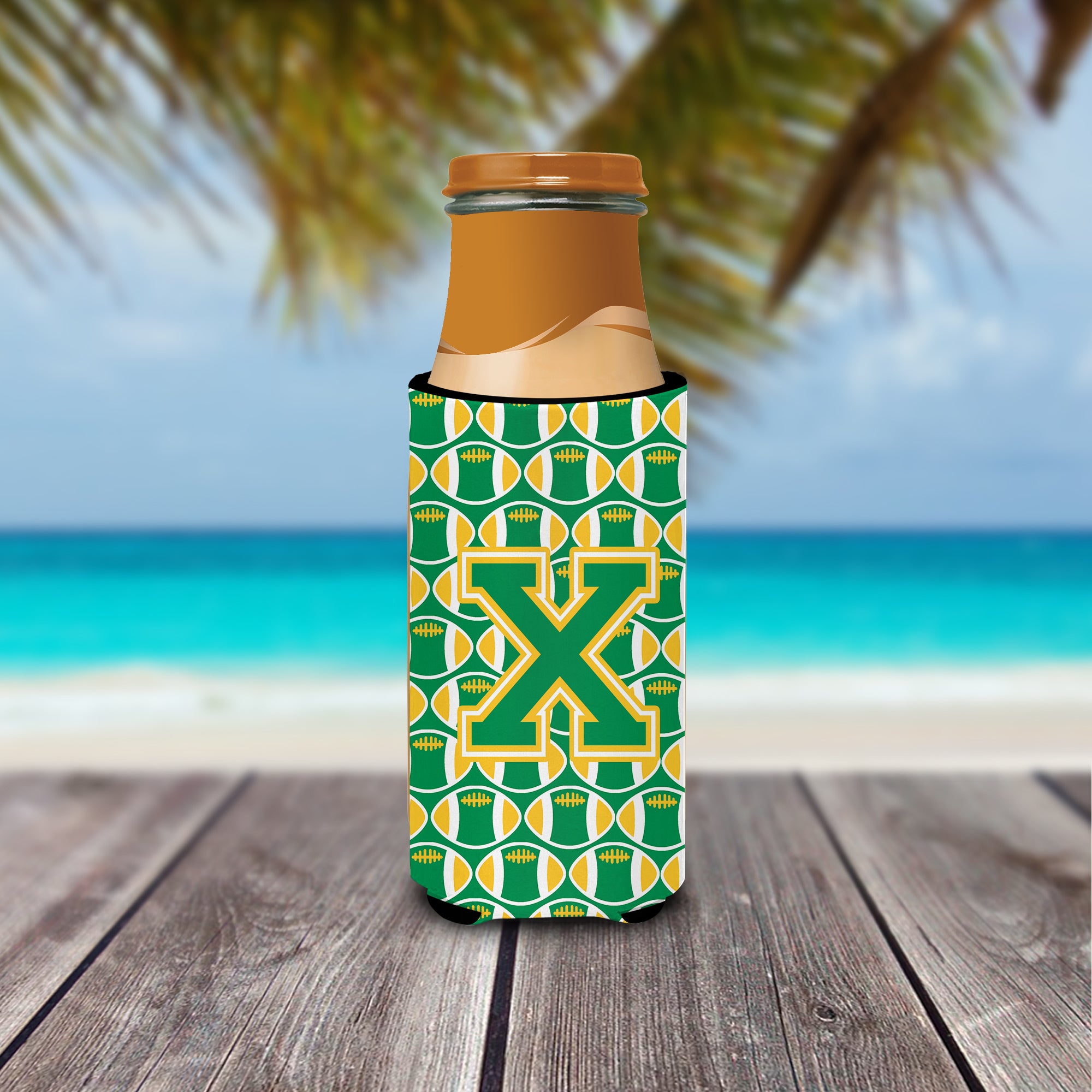 Letter X Football Green and Gold Ultra Beverage Insulators for slim cans CJ1069-XMUK.