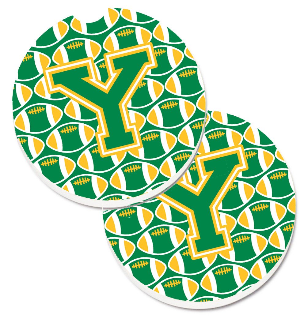 Letter Y Football Green and Gold Set of 2 Cup Holder Car Coasters CJ1069-YCARC by Caroline&#39;s Treasures